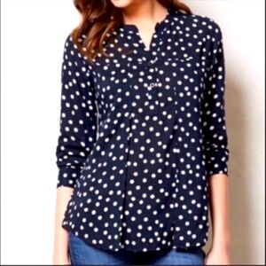 Maeve Black and white polka dot split neck blouse